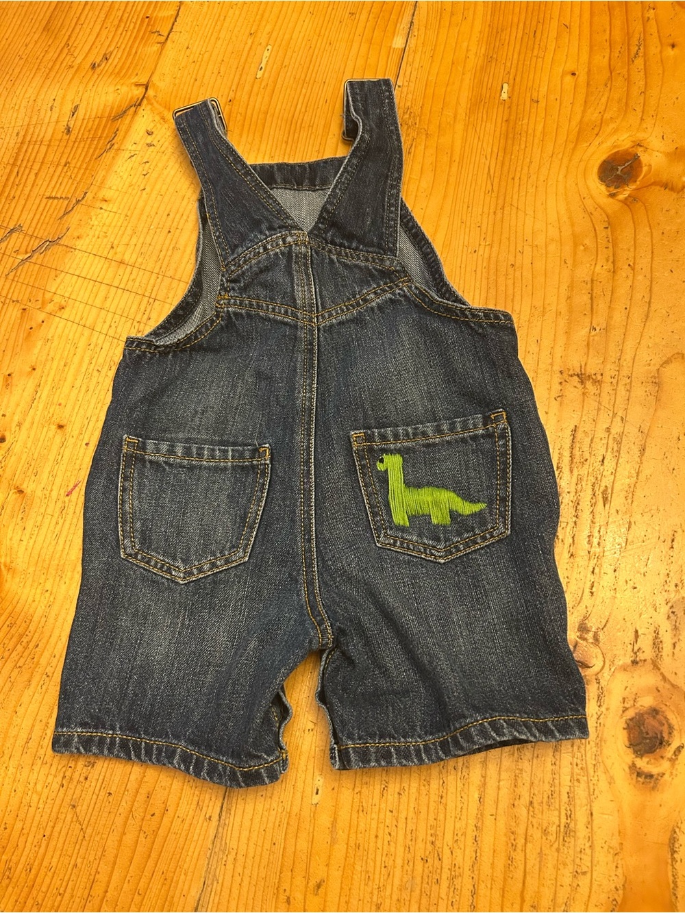 The Children's Place Denim Short Overalls with Green Dino Patch